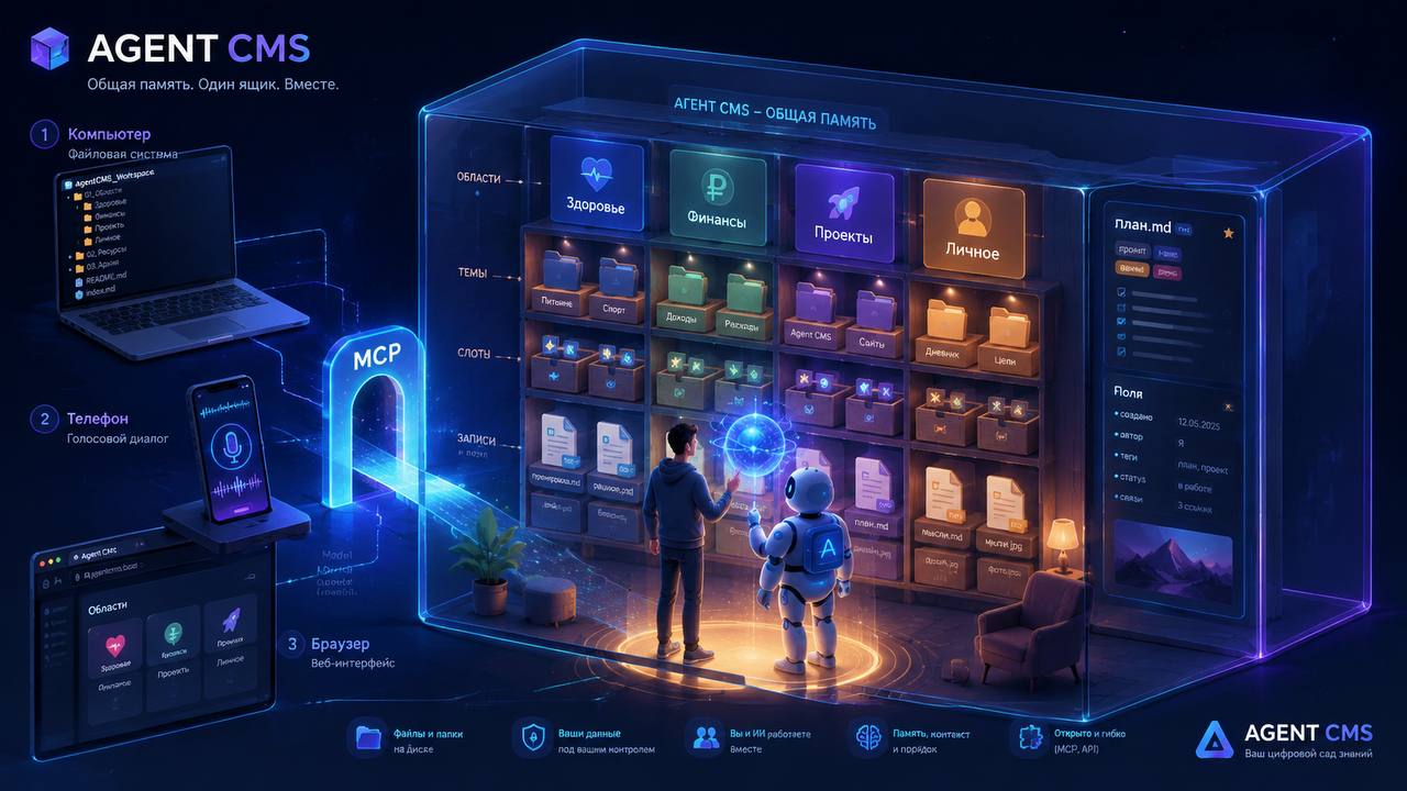 Agent CMS — общая память: MCP, устройства, области, темы, слоты и записи